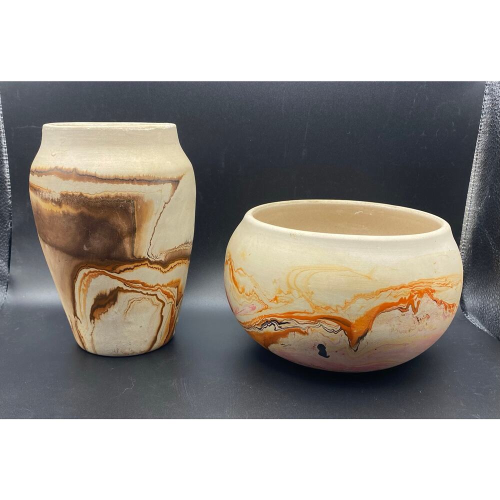 2 Vintage Nemadji Pottery Vases
Swirled Clay -Stamped